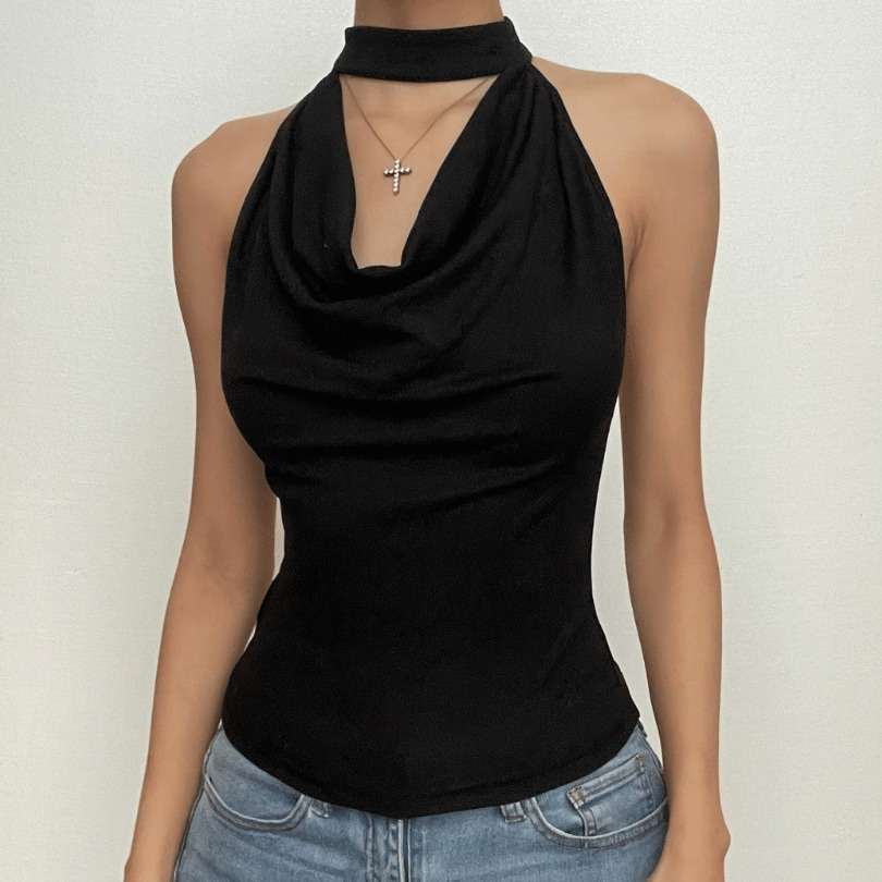 Chic Cowl Neck Halter Backless Top - Y2K Aesthetic Sleeveless Button Design for Trendy Looks