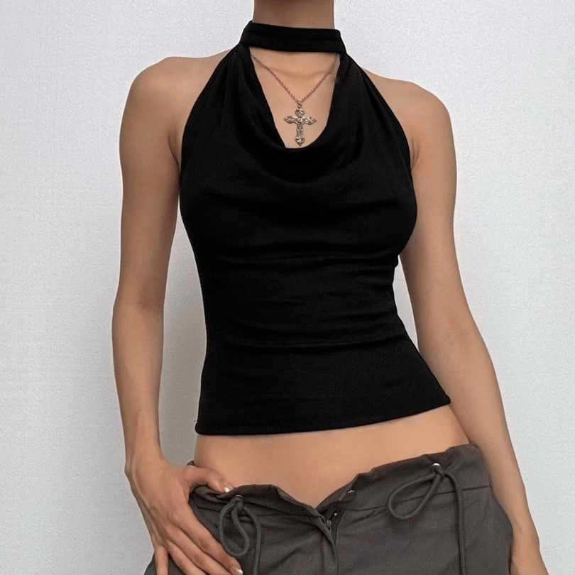 Chic Cowl Neck Halter Backless Top - Y2K Aesthetic Sleeveless Button Design for Trendy Looks