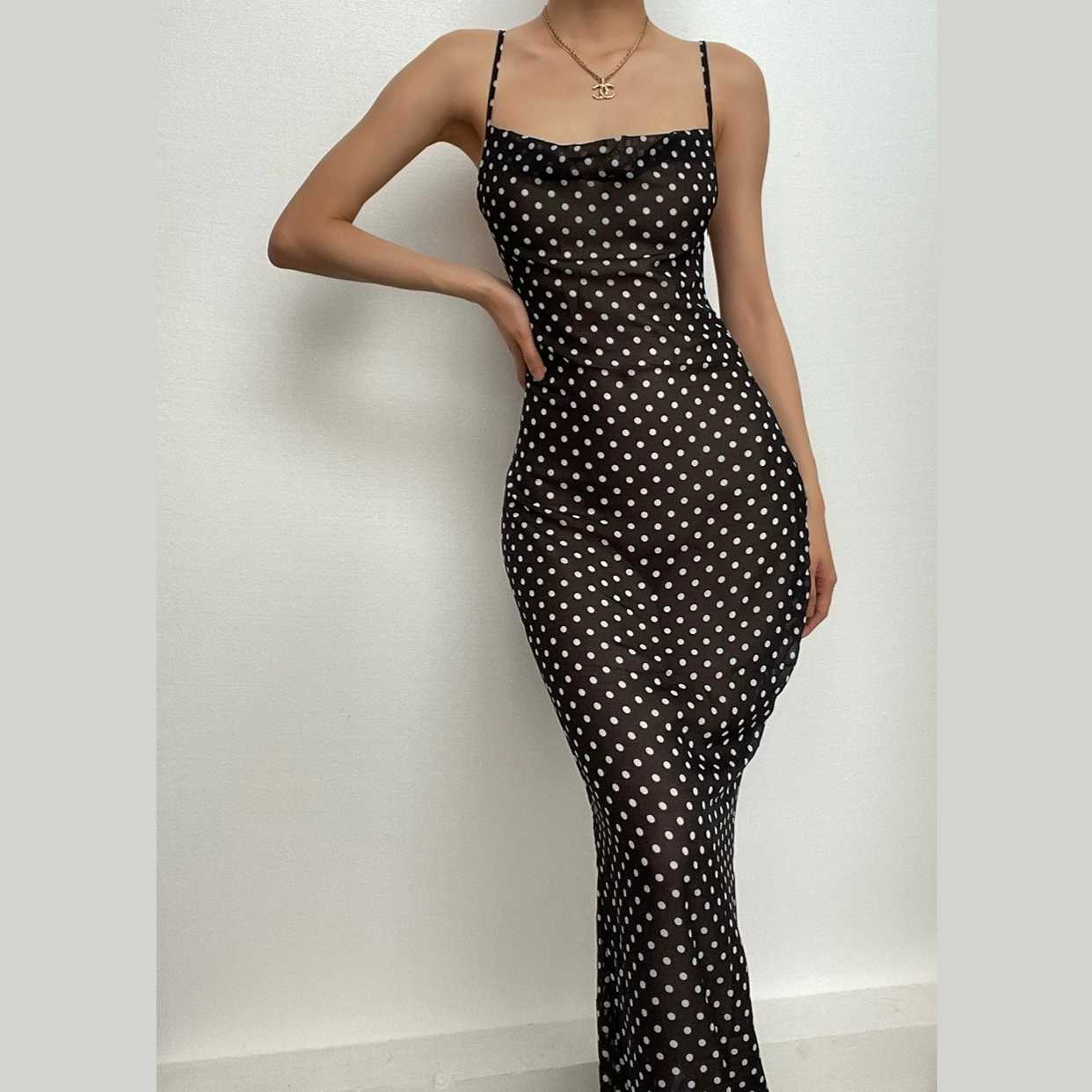 Chic Cowl Neck Polka Dot Mesh Maxi Dress - Y2K Aesthetic, Coquette Style, and Grunge Vibes