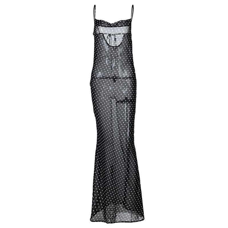 Chic Cowl Neck Polka Dot Mesh Maxi Dress - Y2K Aesthetic, Coquette Style, and Grunge Vibes