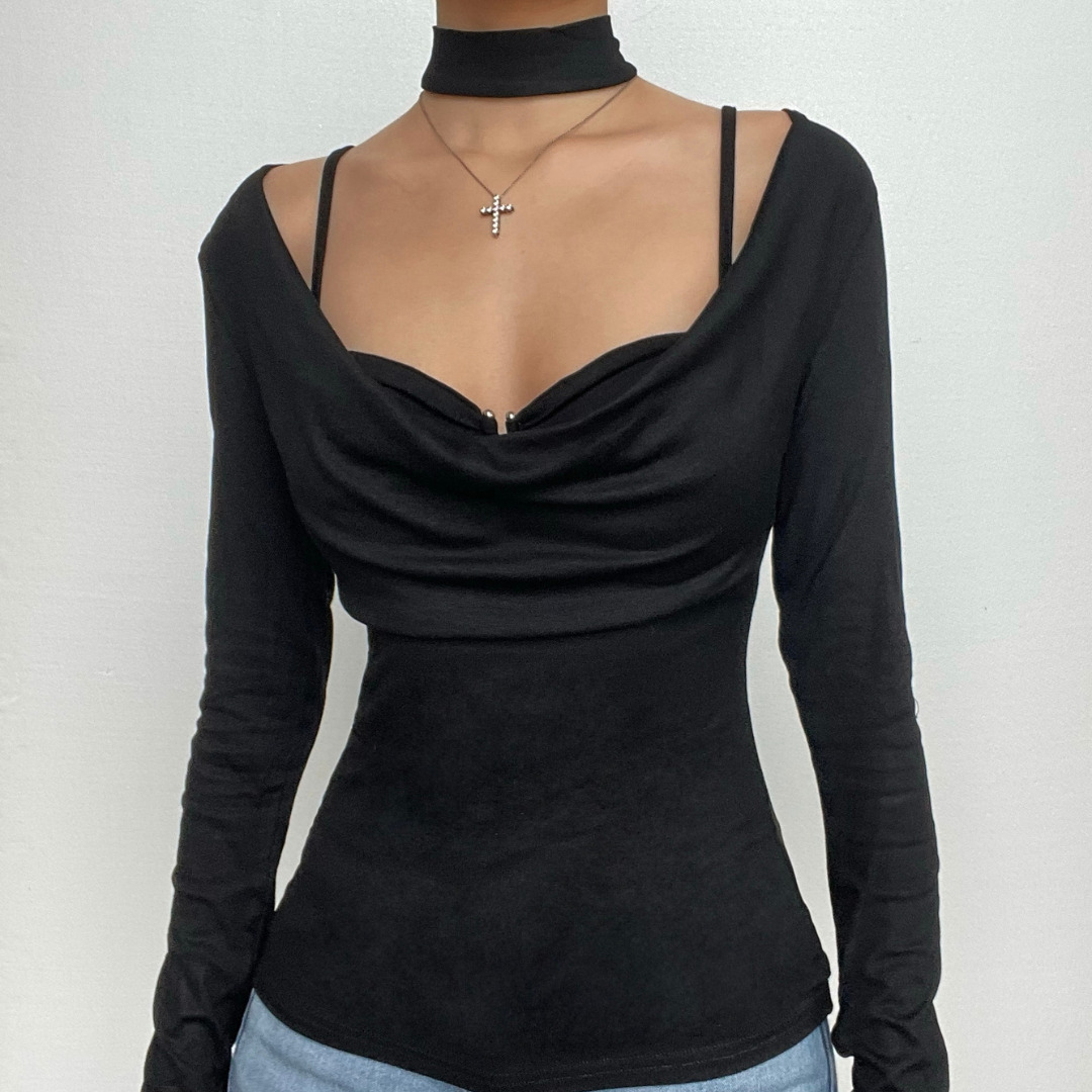 Chic Cowl Neck Ruched Choker Cami Top Set - Y2K Aesthetic Cute Crop for Grunge & Coquette Styles