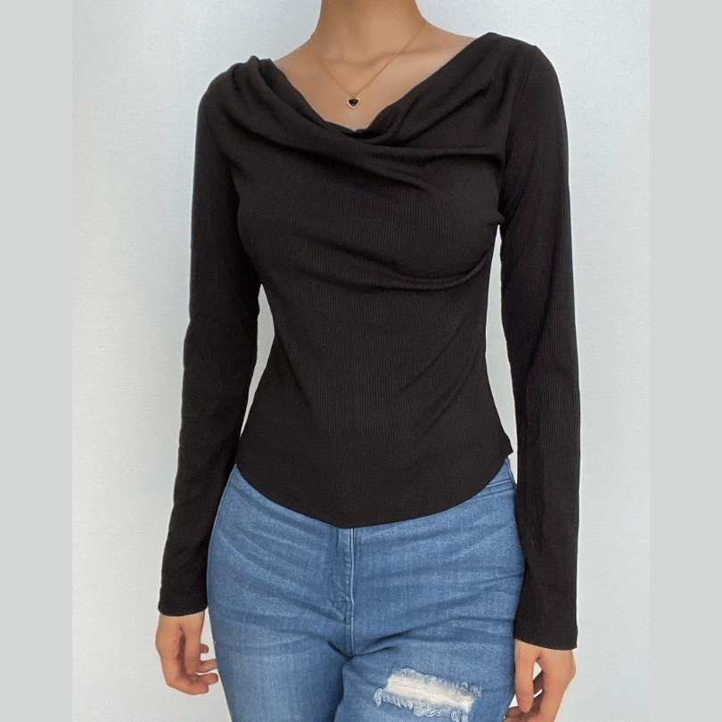 Chic Cowl Neck Ruched Long Sleeve Top - Y2K Aesthetic, Cute & Comfy for Every Occasion