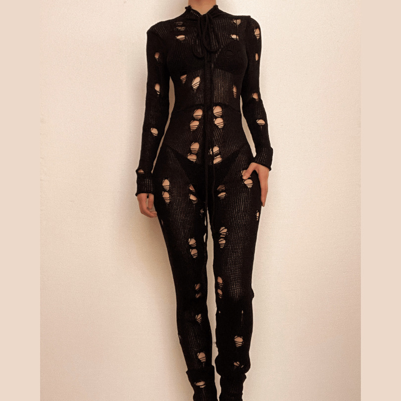 Chic Crochet Hollow Out High Neck Lace-Up Jumpsuit - Y2K Aesthetic & Coquette Style