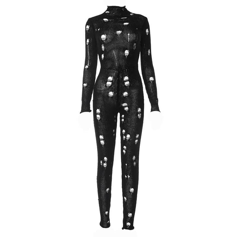Chic Crochet Hollow Out High Neck Lace-Up Jumpsuit - Y2K Aesthetic & Coquette Style