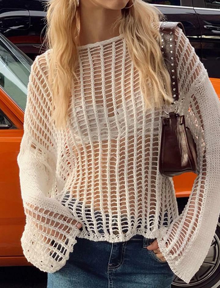 Chic Crochet Hollow Out Knit Top - Y2K Aesthetic, Coquette Style, Comfy & Cute!