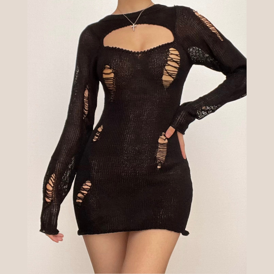 Chic Crochet Hollow Out Long Sleeve Cut-Out Mini Dress - Y2K & Coquette Aesthetic