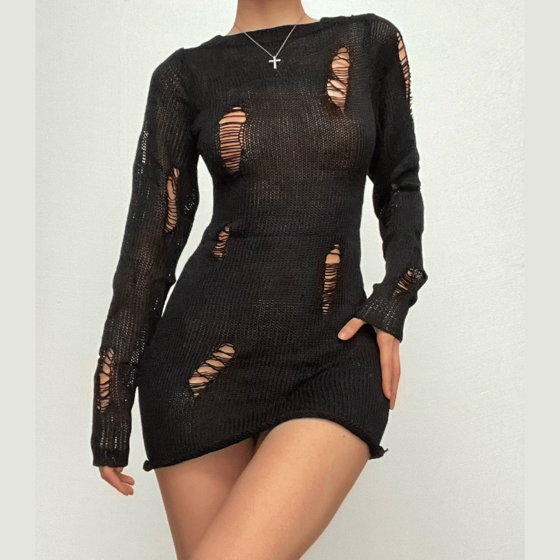 Chic Crochet Hollow Out Long Sleeve Cut-Out Mini Dress - Y2K & Coquette Aesthetic