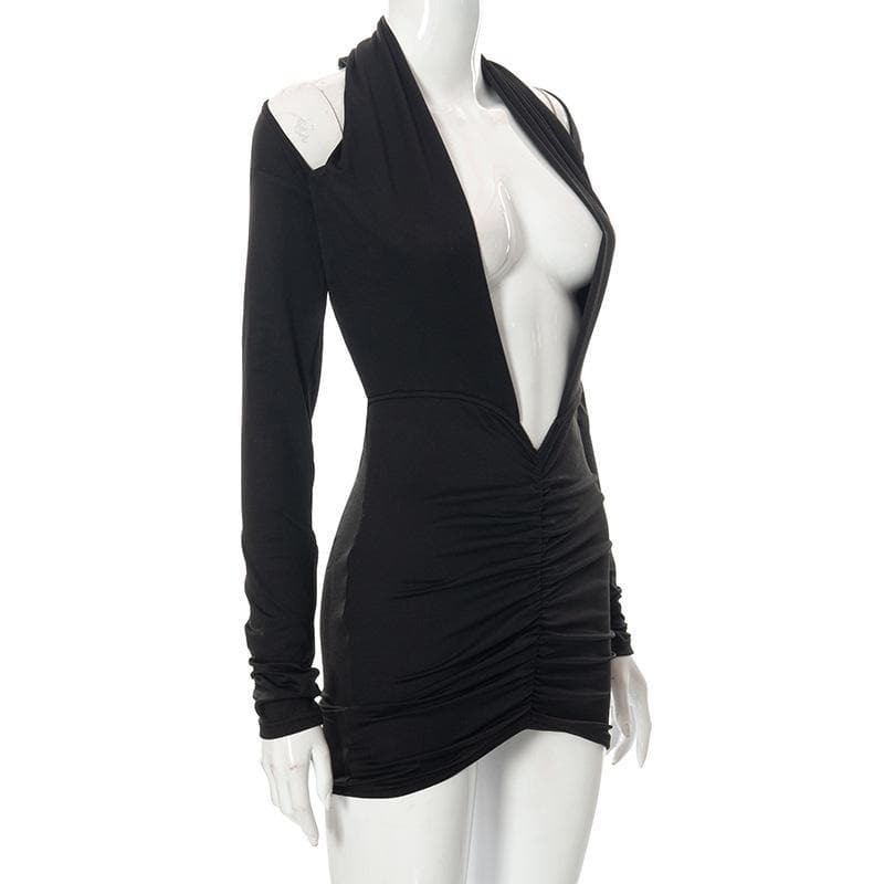 Chic Deep V Neck Long Sleeve Ruched Mini Dress - Y2K Aesthetic & Coquette Style
