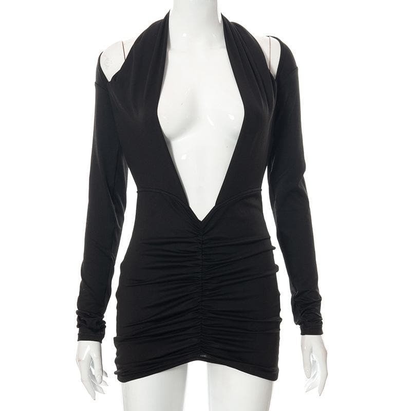 Chic Deep V Neck Long Sleeve Ruched Mini Dress - Y2K Aesthetic & Coquette Style