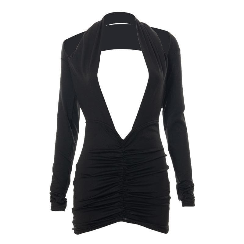 Chic Deep V Neck Long Sleeve Ruched Mini Dress - Y2K Aesthetic & Coquette Style