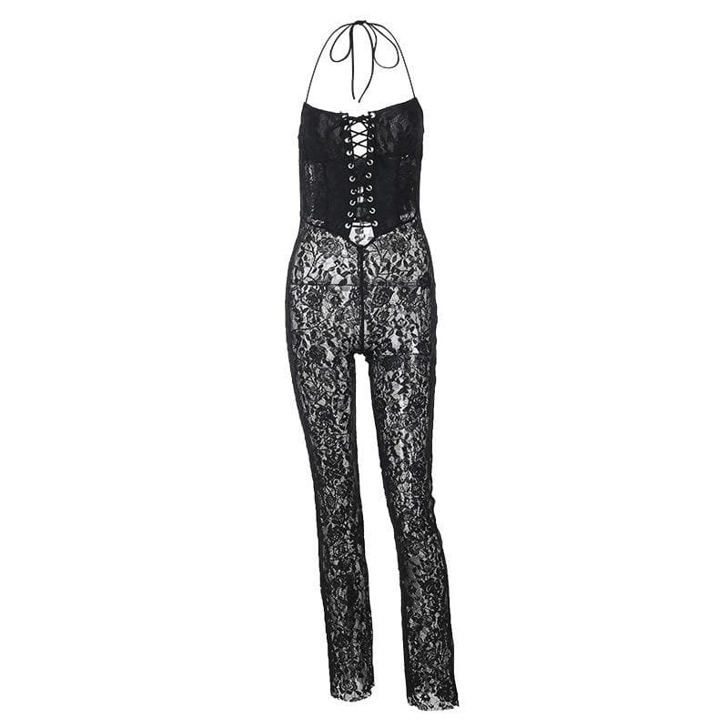 Chic Lace-Up Backless Jumpsuit - Y2K Fashion Meets Coquette Aesthetic for Trendy Looks