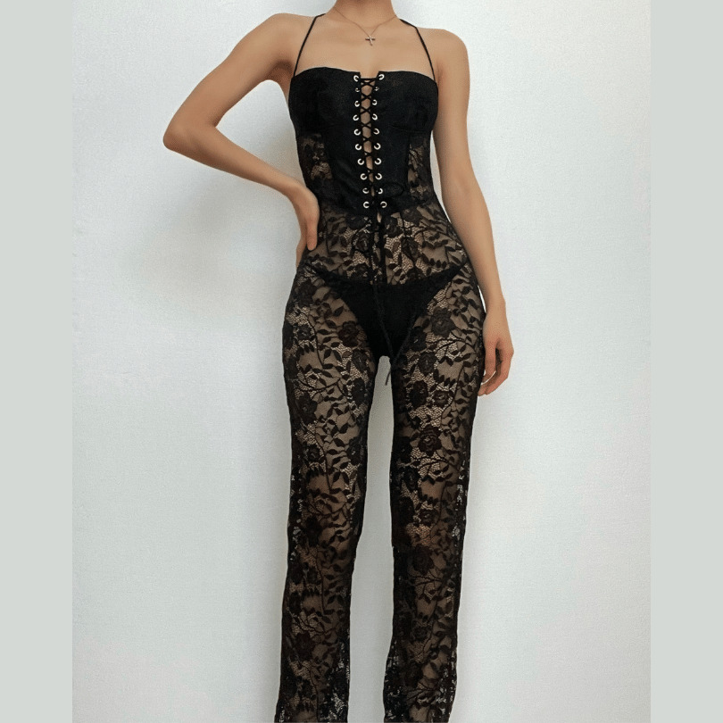 Chic Lace-Up Backless Jumpsuit - Y2K Fashion Meets Coquette Aesthetic for Trendy Looks