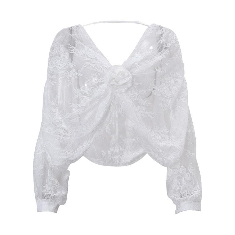 Chic Long Puff Sleeve Lace Crop Top with Flower Applique - Y2K Coquette Aesthetic