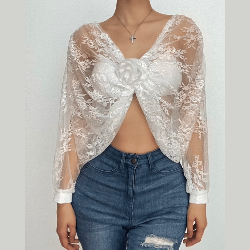 Chic Long Puff Sleeve Lace Crop Top with Flower Applique - Y2K Coquette Aesthetic