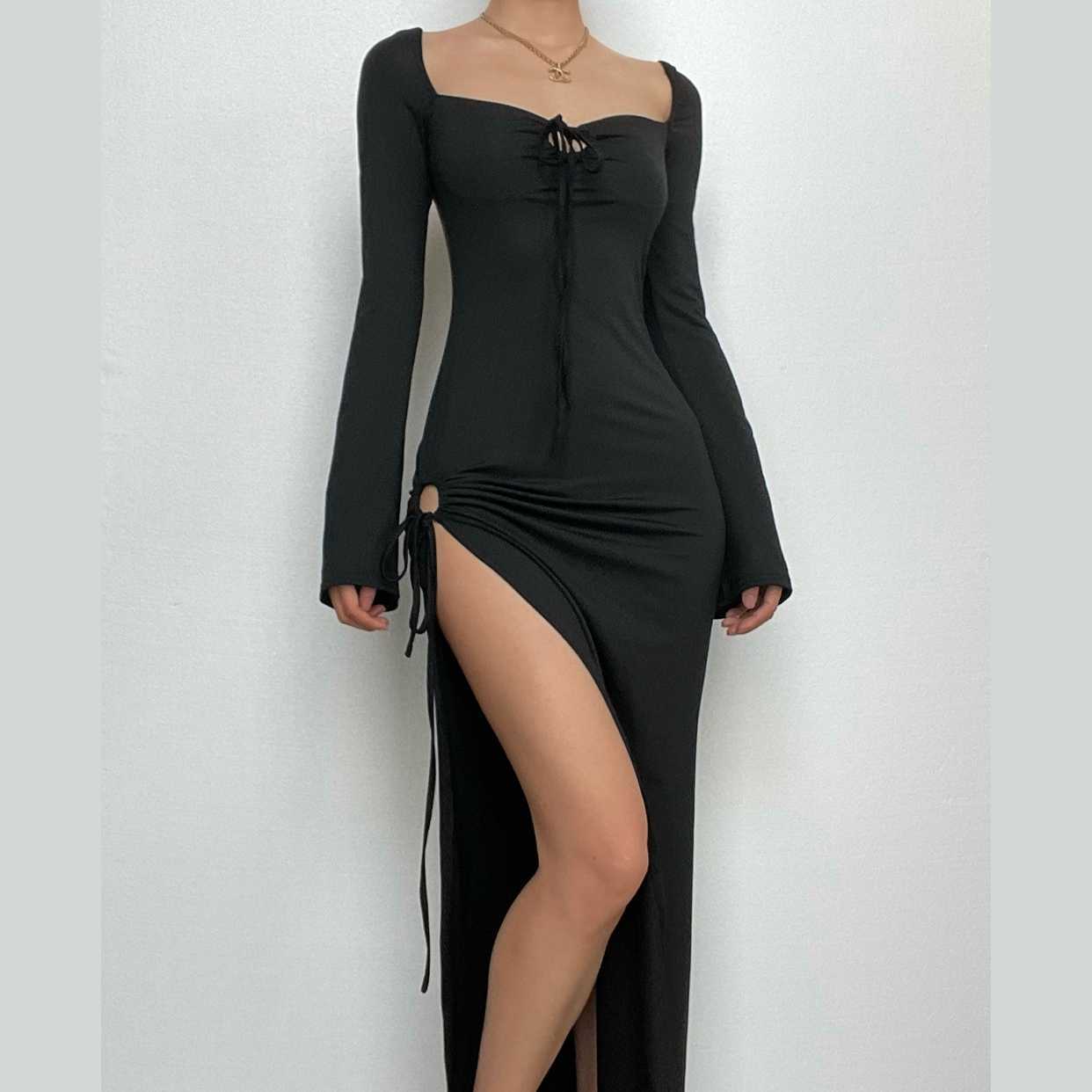 Chic Long Sleeve Backless Maxi Dress with Slit & Drawstring - Y2K & Coquette Aesthetic