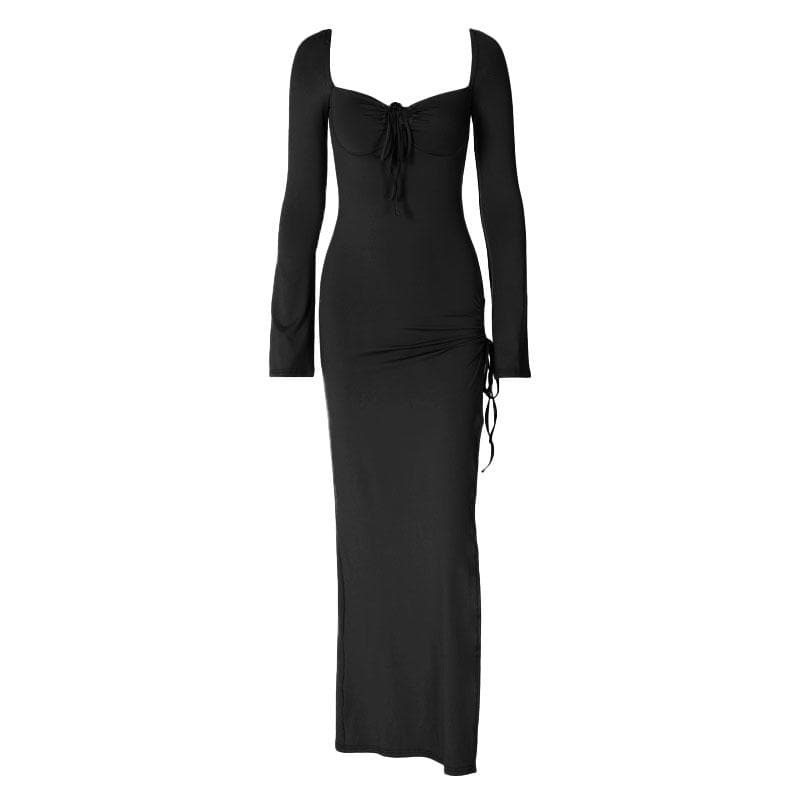 Chic Long Sleeve Backless Maxi Dress with Slit & Drawstring - Y2K & Coquette Aesthetic