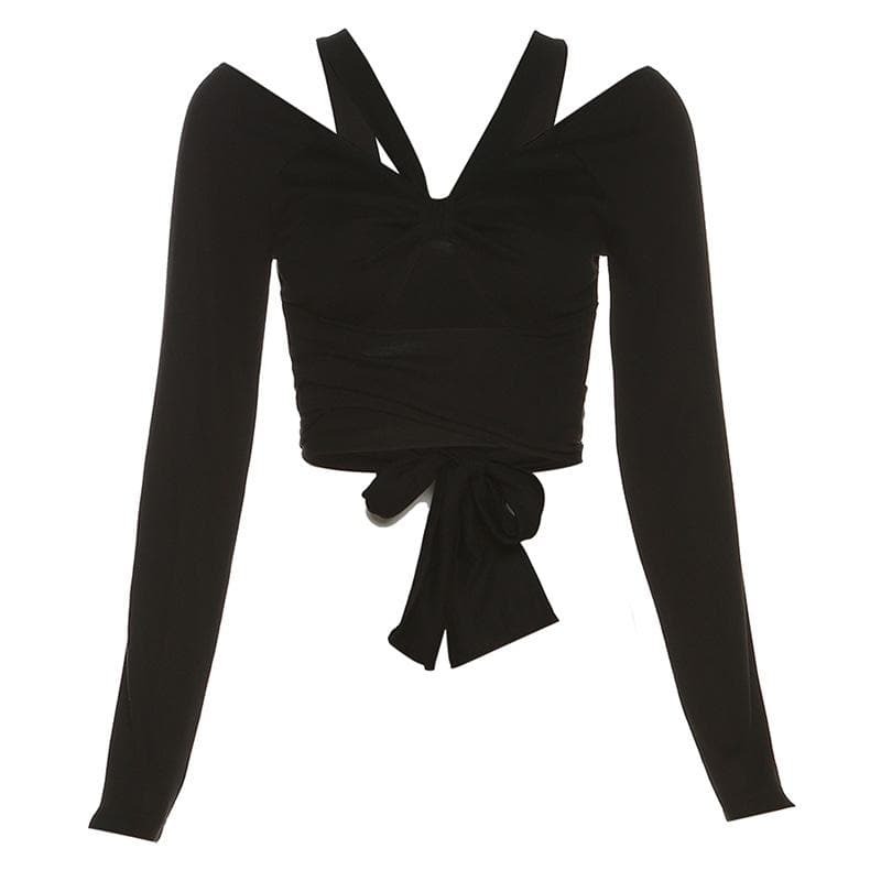 Chic Long Sleeve Bowknot Cut-Out Crop Top - Y2K Fashion Meets Coquette Aesthetic