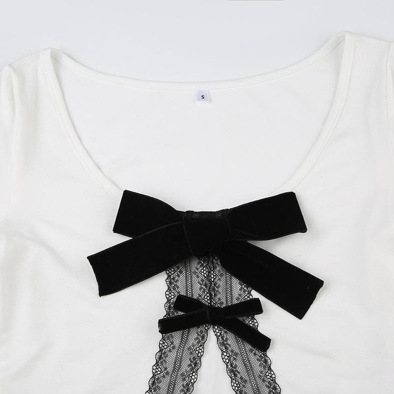 Chic Long Sleeve Bowknot Lace Hem U-Neck Slit Top for Y2K, Coquette & Grunge Aesthetics