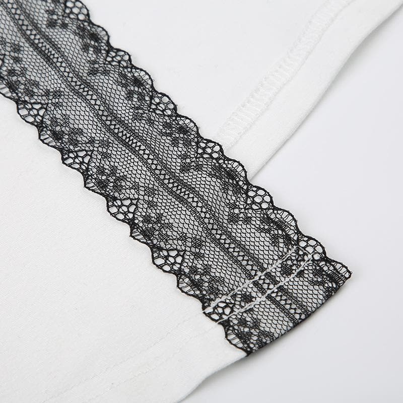 Chic Long Sleeve Bowknot Lace Hem U-Neck Slit Top for Y2K, Coquette & Grunge Aesthetics