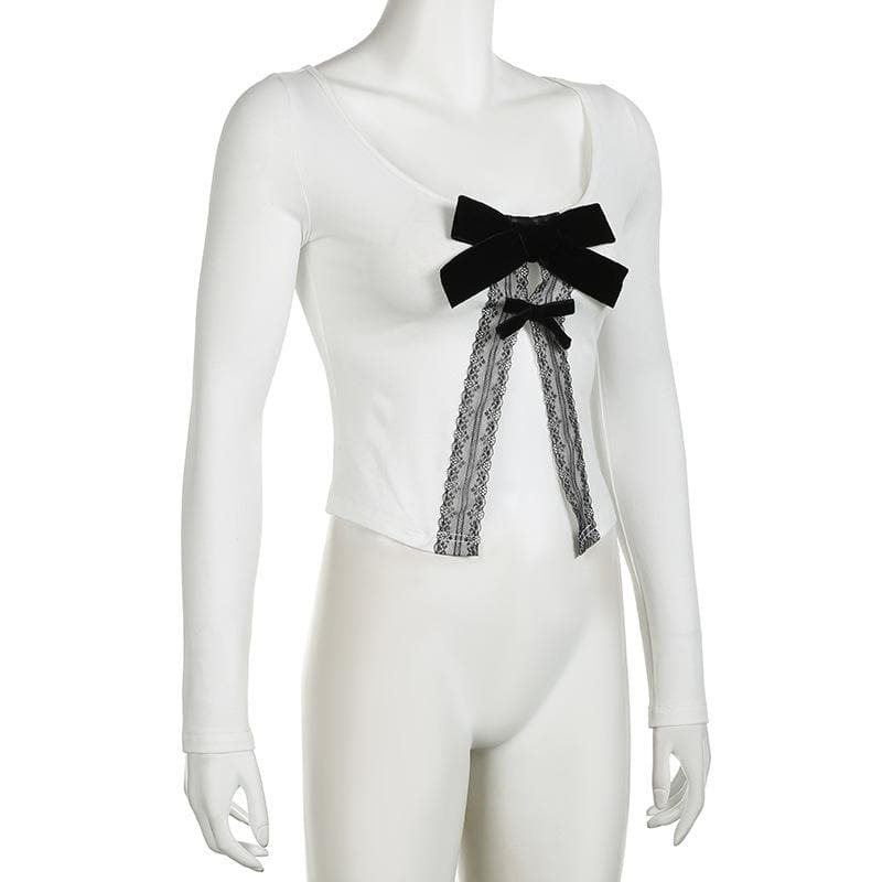 Chic Long Sleeve Bowknot Lace Hem U-Neck Slit Top for Y2K, Coquette & Grunge Aesthetics