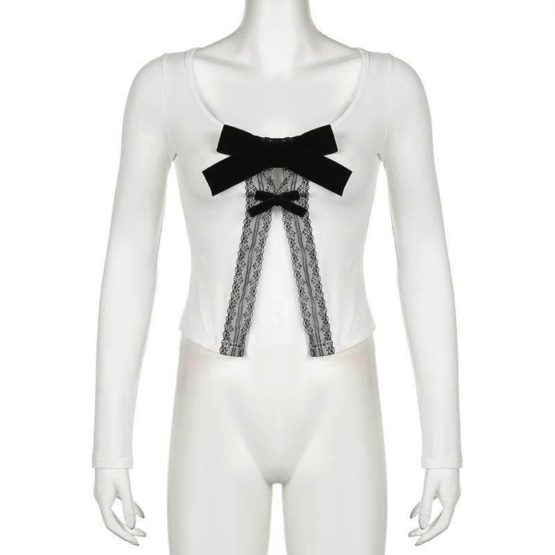 Chic Long Sleeve Bowknot Lace Hem U-Neck Slit Top for Y2K, Coquette & Grunge Aesthetics