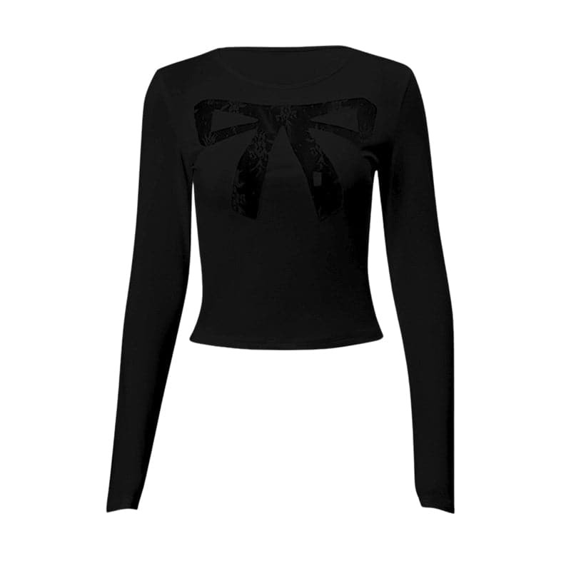 Chic Long Sleeve Bowknot Lace Mesh Patchwork Crewneck Top - Y2K Coquette Aesthetic
