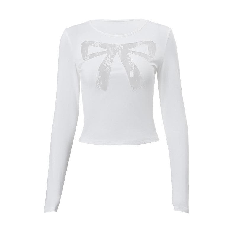 Chic Long Sleeve Bowknot Lace Mesh Patchwork Crewneck Top - Y2K Coquette Aesthetic
