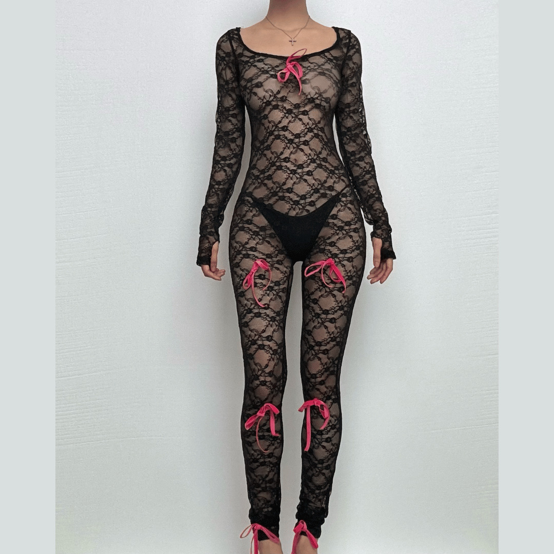 Chic Long Sleeve Bowknot U-Neck Lace See-Through Jumpsuit for Y2K & Coquette Aesthetic