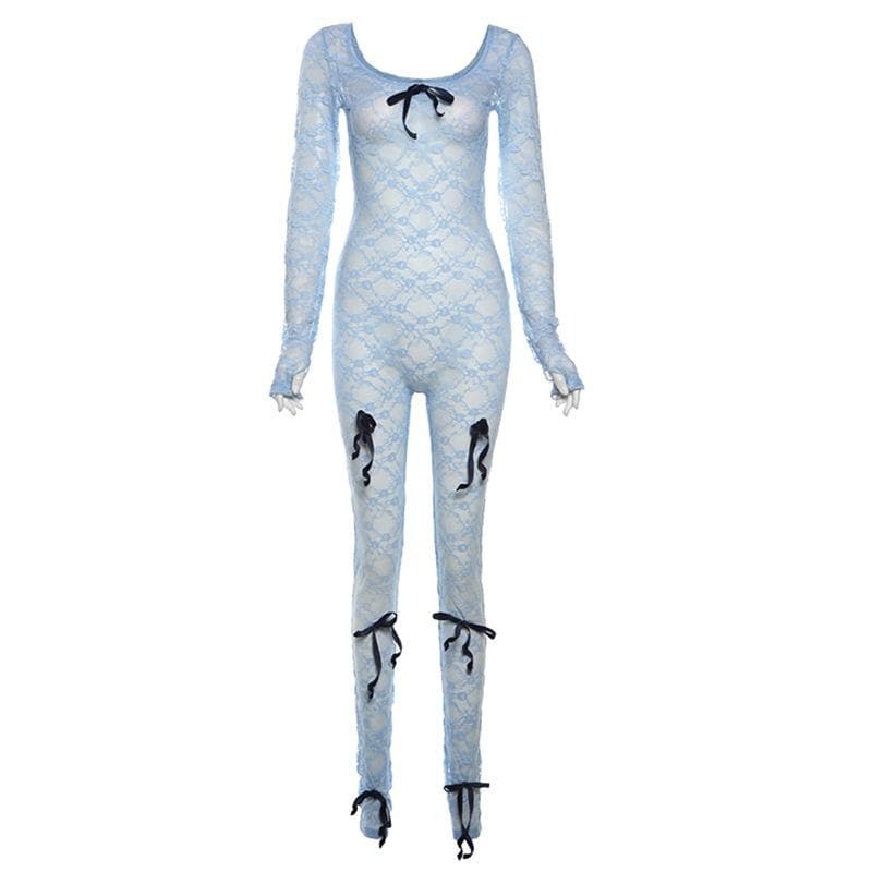 Chic Long Sleeve Bowknot U-Neck Lace See-Through Jumpsuit for Y2K & Coquette Aesthetic