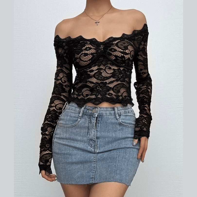 Chic Long Sleeve Off-Shoulder Lace Top - Y2K Fashion Meets Coquette Aesthetic