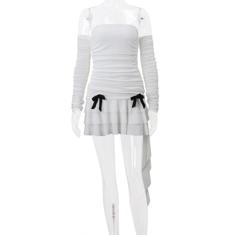 Chic Long Sleeve Off-Shoulder Ruffle Mini Dress with Bowknot - Y2K & Coquette Aesthetic