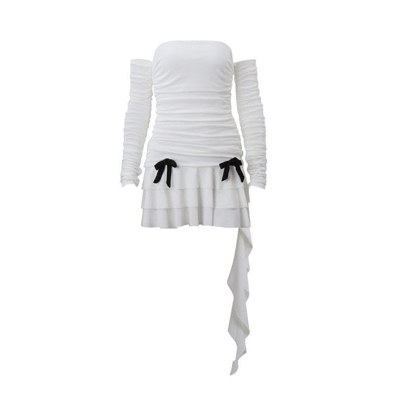 Chic Long Sleeve Off-Shoulder Ruffle Mini Dress with Bowknot - Y2K & Coquette Aesthetic