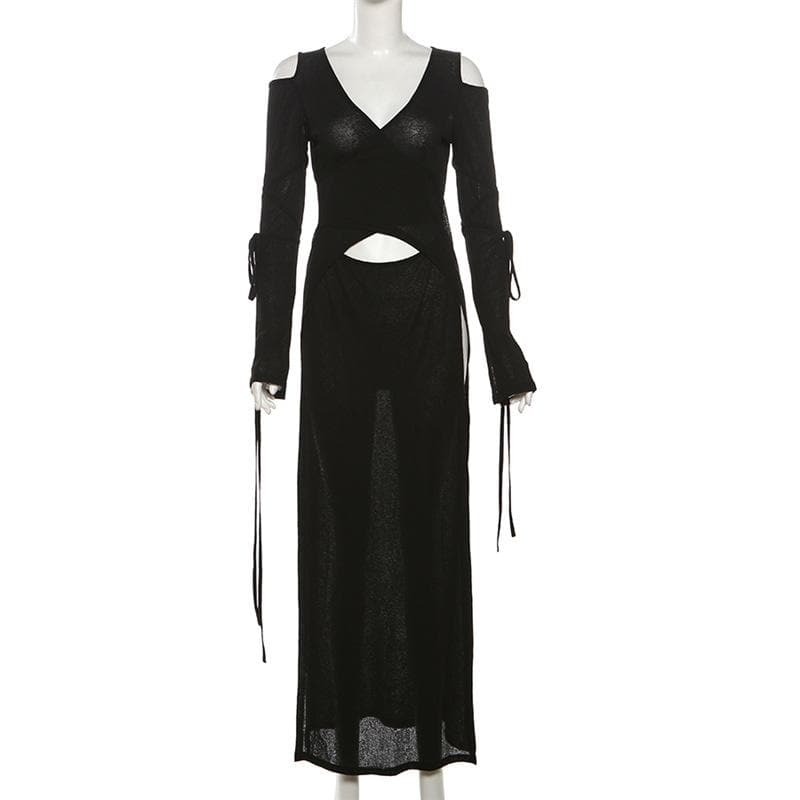 Chic Long Sleeve Off-Shoulder V-Neck High Slit Maxi Dress for Y2K & Coquette Aesthetic