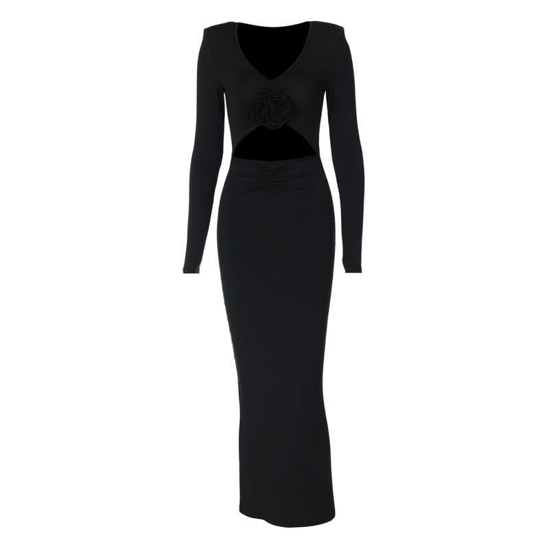 Chic Long Sleeve Ruched Midi Dress with Flower Applique & Cut-Outs for Y2K & Coquette Aesthetic