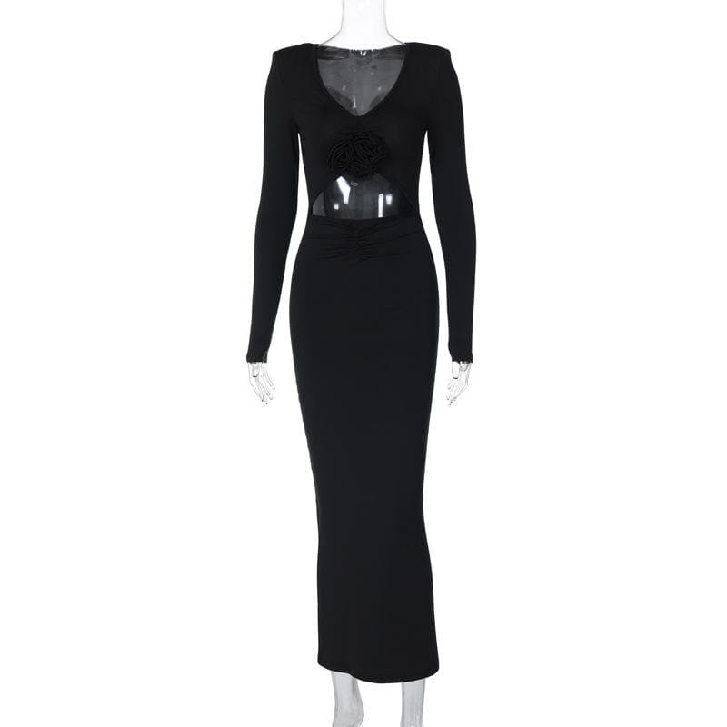 Chic Long Sleeve Ruched Midi Dress with Flower Applique & Cut-Outs for Y2K & Coquette Aesthetic