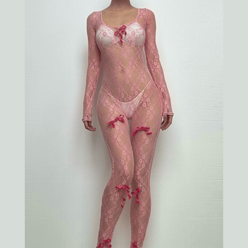 Chic Long Sleeve Sheer Bowknot Lace Jumpsuit - Y2K Fashion Meets Coquette Aesthetic