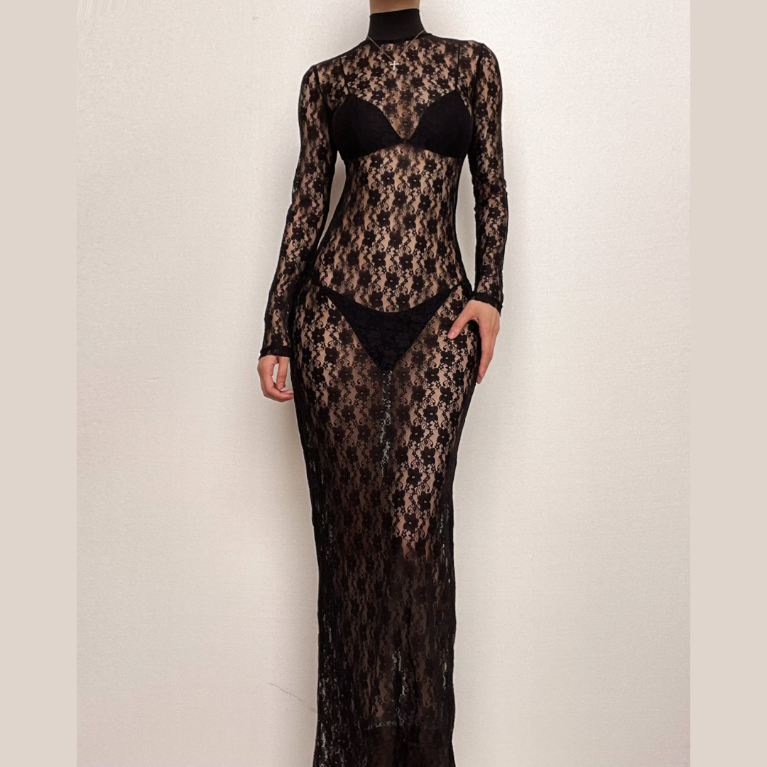Chic Long Sleeve Sheer Lace Maxi Dress - Y2K Aesthetic, Coquette Style, and Grunge Vibes