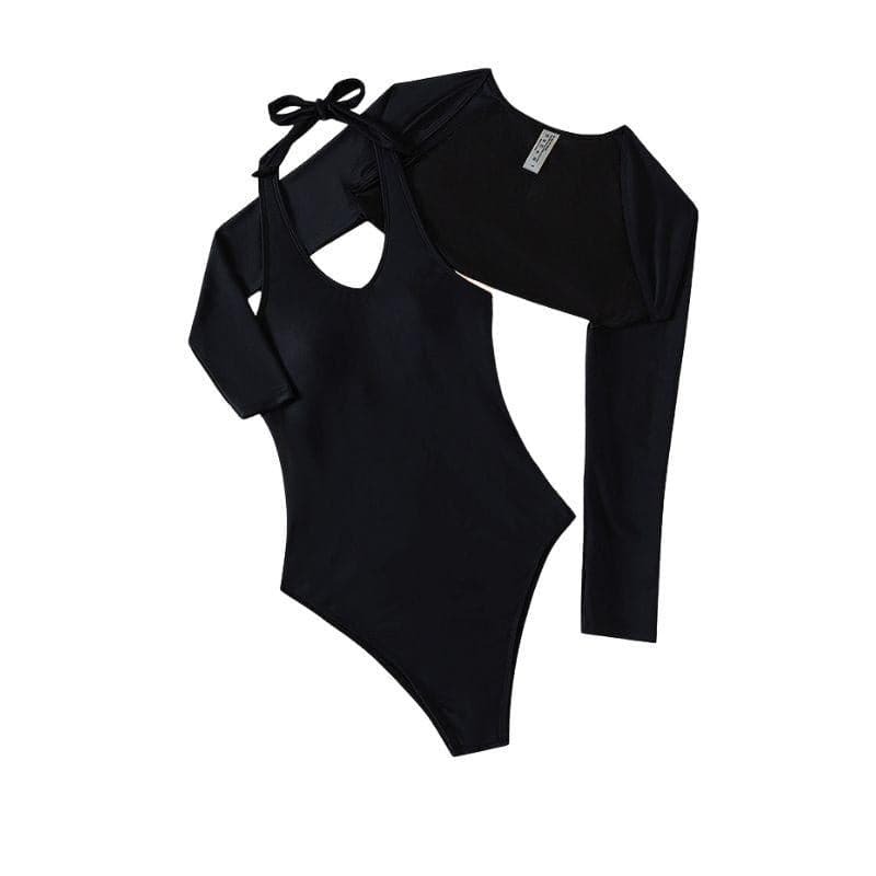 Chic Long Sleeve U-Neck Halter One-Piece Swimwear with Cover-Up for Y2K & Coquette Aesthetic