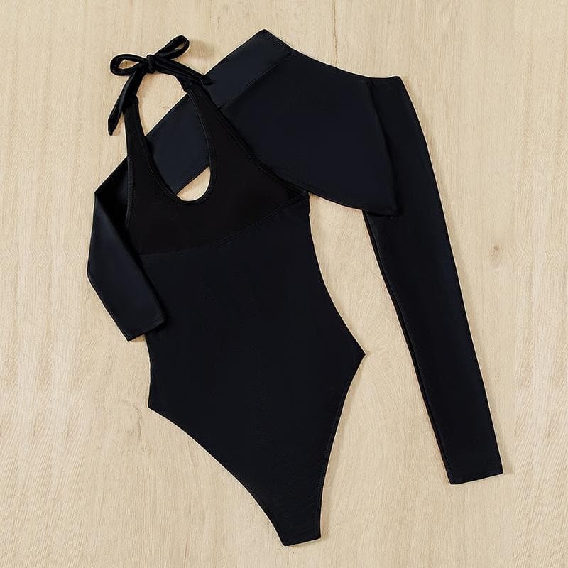 Chic Long Sleeve U-Neck Halter One-Piece Swimwear with Cover-Up for Y2K & Coquette Aesthetic