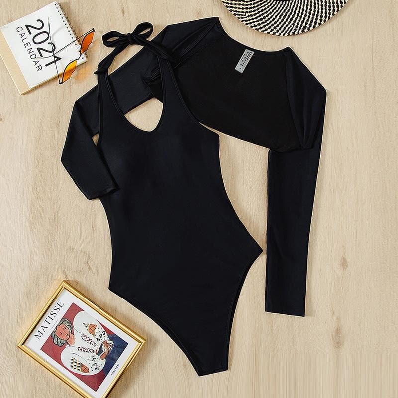 Chic Long Sleeve U-Neck Halter One-Piece Swimwear with Cover-Up for Y2K & Coquette Aesthetic