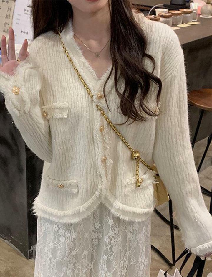 Chic Y2K-Inspired V Neck Tassel Edge Button Coat for Stylish Date Nights
