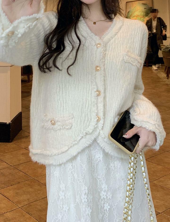Chic Y2K-Inspired V Neck Tassel Edge Button Coat for Stylish Date Nights