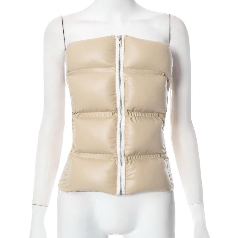 Chic Y2K Aesthetic Zip-Up PU Leather Tube Top for Cozy Winter Vibes