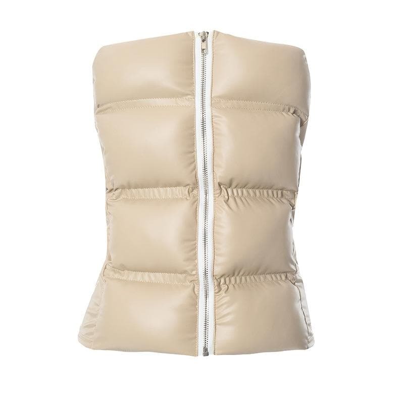 Chic Y2K Aesthetic Zip-Up PU Leather Tube Top for Cozy Winter Vibes