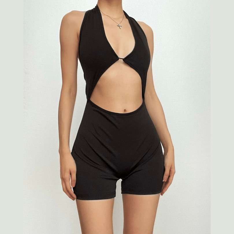 Chic Y2K Backless Halter Romper - Cute Pastel Goth & Grunge Aesthetic Outfit