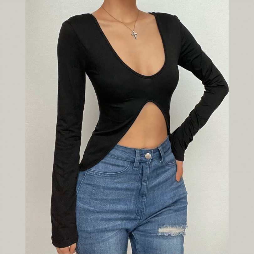 Chic Y2K Backless Slit Top - Cute Grunge & Coquette Aesthetic Long Sleeve Style