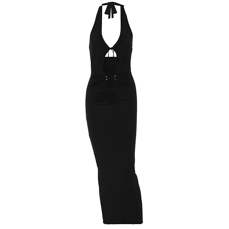 Chic Y2K Backless V-Neck Midi Dress with Slit - Perfect for Coquette & Grunge Aesthetics