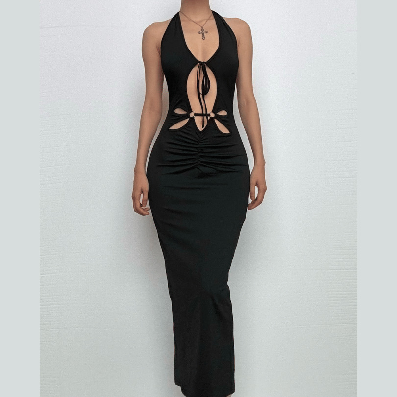 Chic Y2K Backless V-Neck Midi Dress with Slit - Perfect for Coquette & Grunge Aesthetics