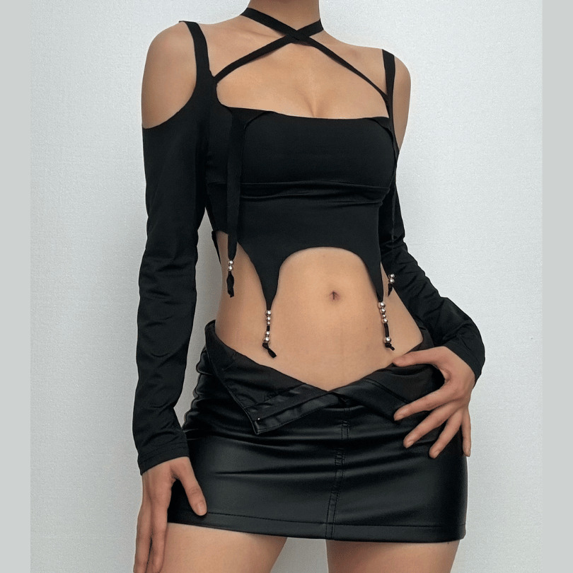 Chic Y2K Beaded Backless Crop Top with Cross Front - Perfect for Coquette & Grunge Aesthetics