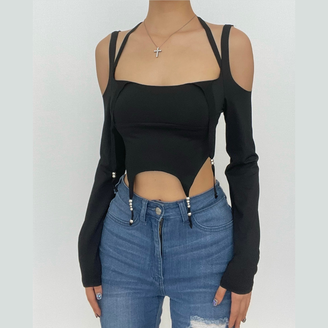 Chic Y2K Beaded Backless Crop Top with Cross Front - Perfect for Coquette & Grunge Aesthetics